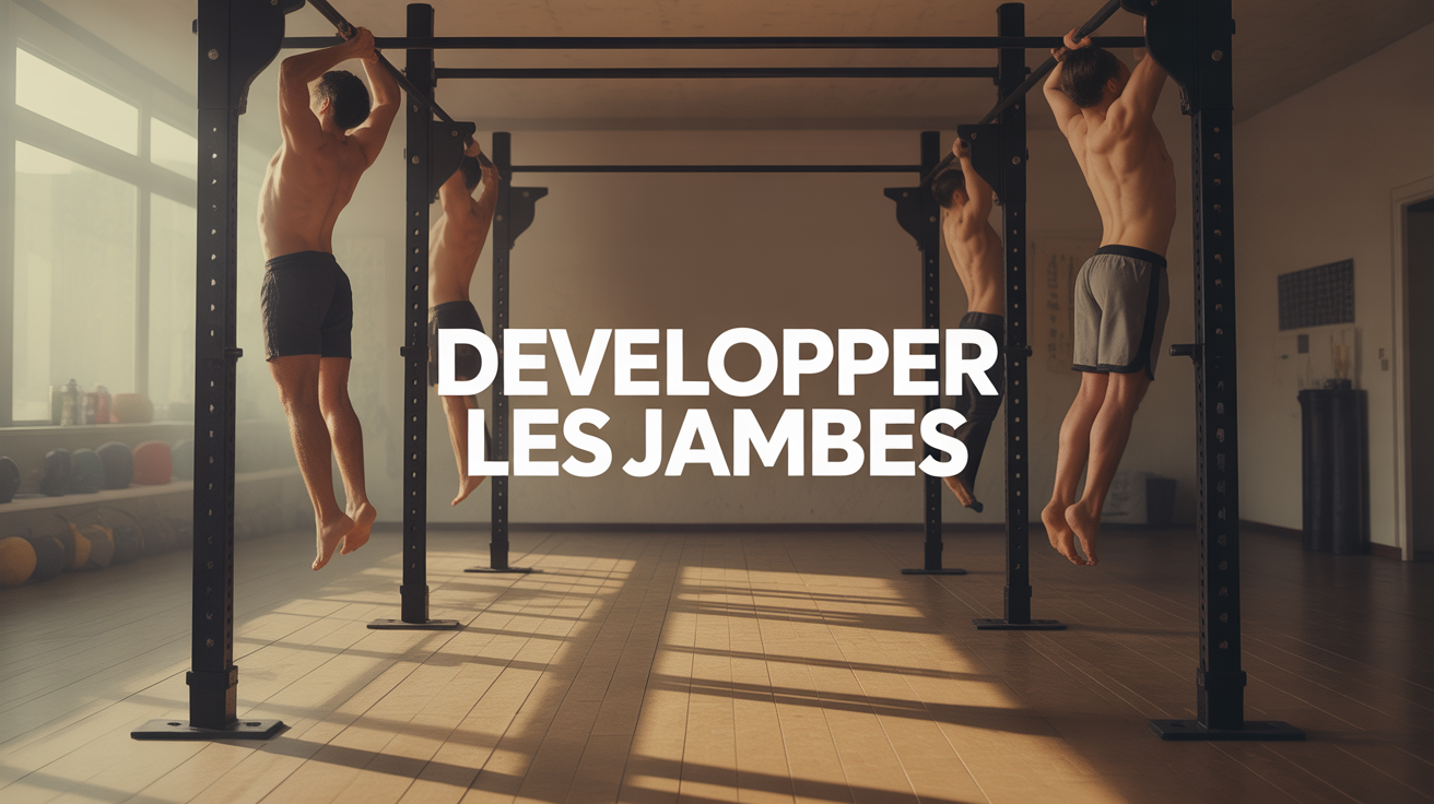 Salle d'entraînement stylisée avec haltères et jambes musclées