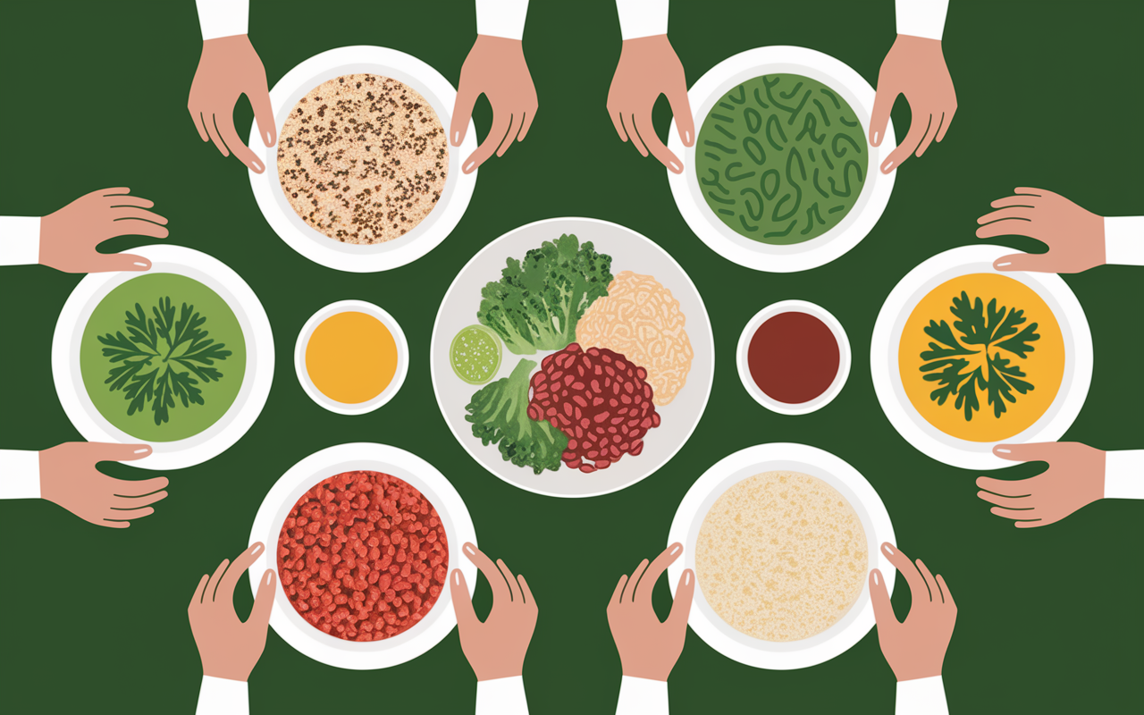 Quinoa, brocolis, légumes et blancs de poulet sur table colorée
