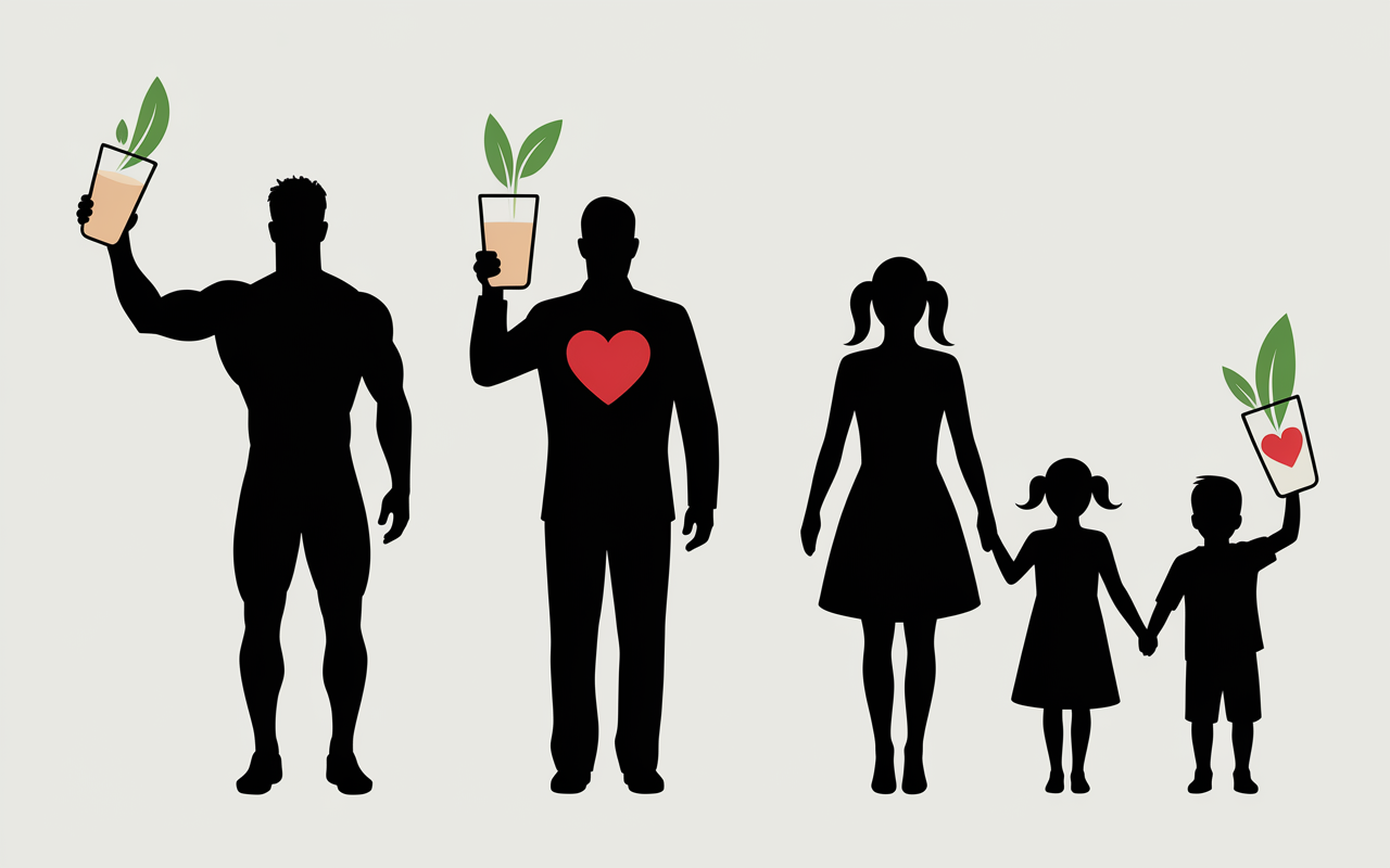 Sportif senior famille enfant chaque avec un verre lait végétal