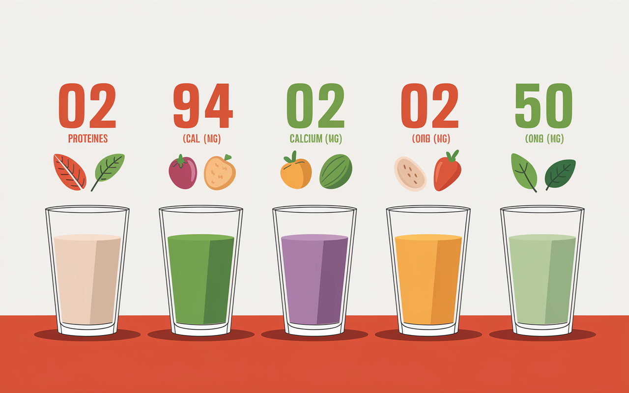 Chiffres protéines calcium calories laits végétaux verres alignés