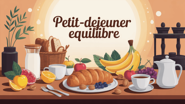 Table petit-dejeuner equilibre avec pain complet, fruits, yaourt, noix, the