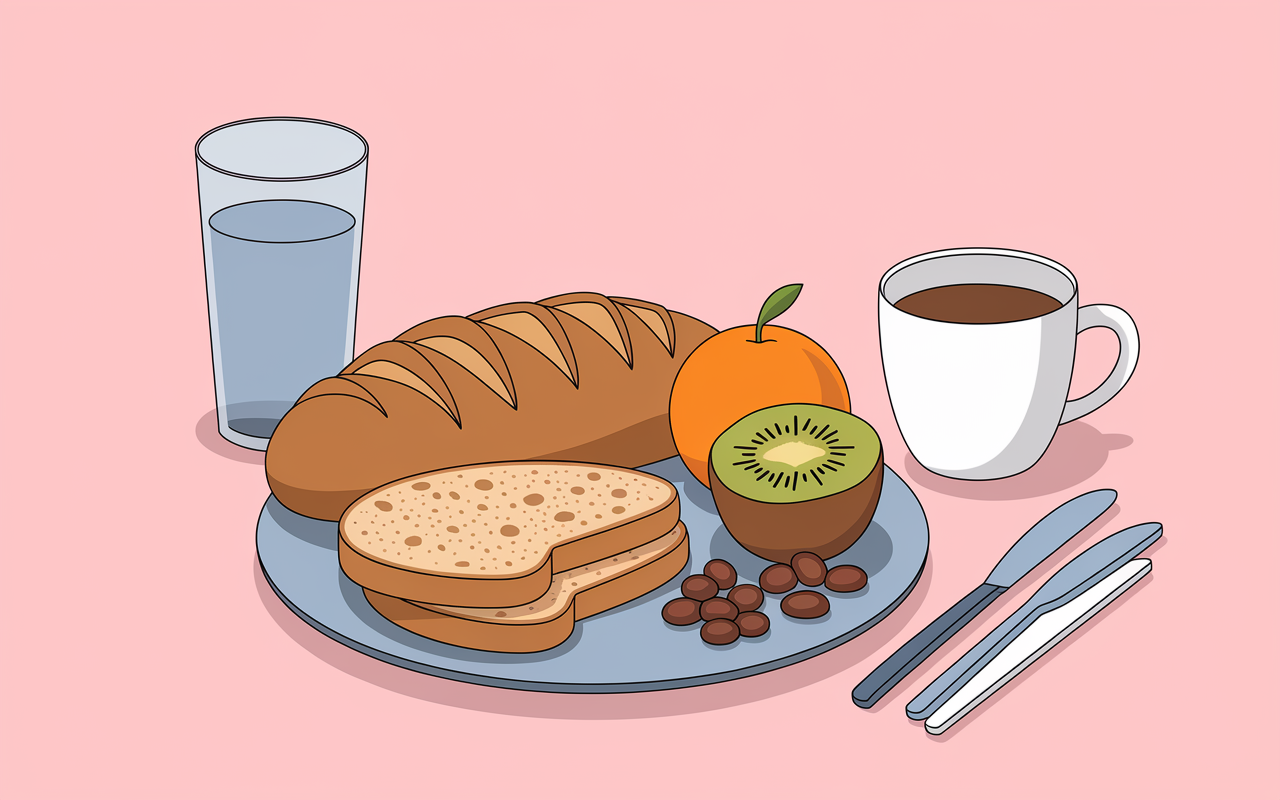 Plateau petit-dejeuner ideal pain complet yaourt fruit amandes the