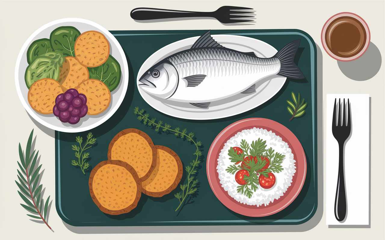 repas pour le regime plateau poisson légumes riz complets