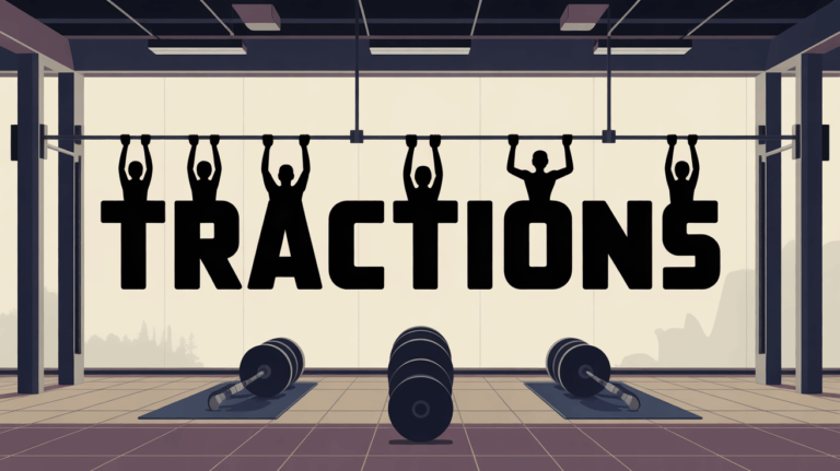 Illustration de tractions en salle de sport, barre visible, silhouettes sportives