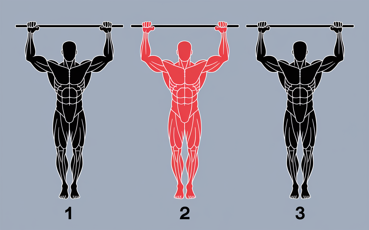 Silhouettes montrant trois variantes de tractions, muscles activés colorés