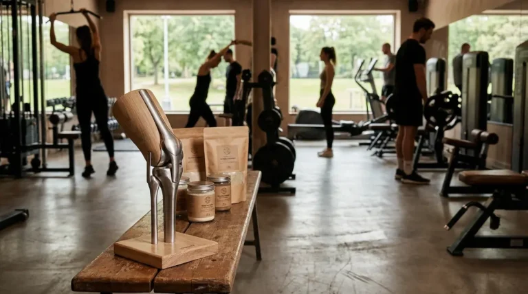 Salle de musculation moderne, articulation visible, compléments articulations