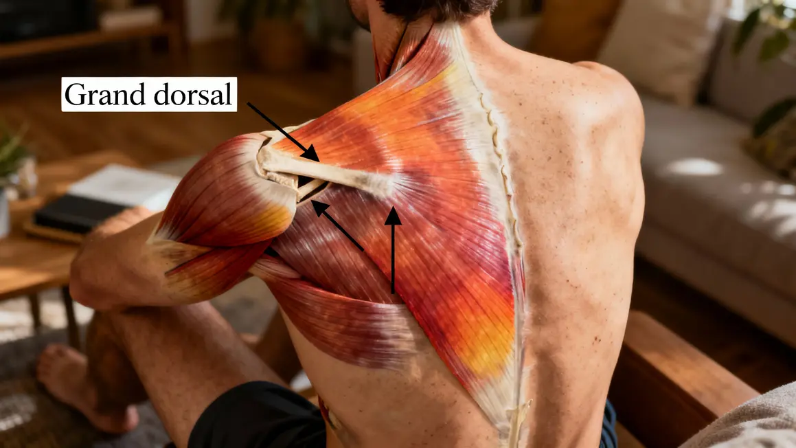 Schéma anatomique du muscle grand dorsal coloré