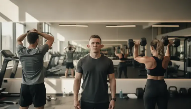 Exercice musculaire mâchoire devant miroir salle de sport