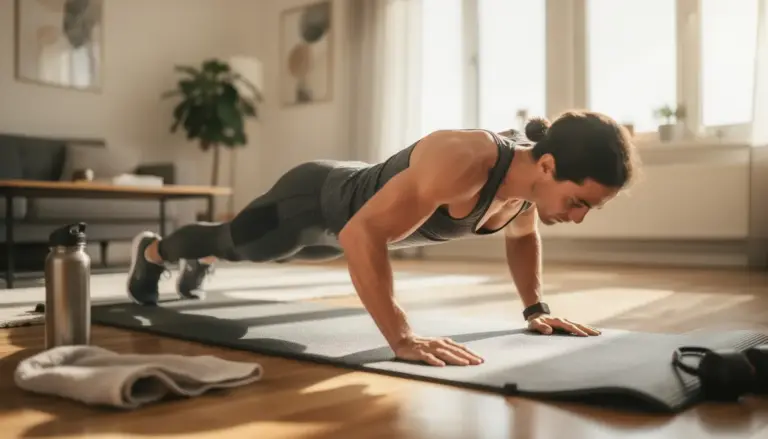 Pompes silhouette athlétique sur tapis dans salon