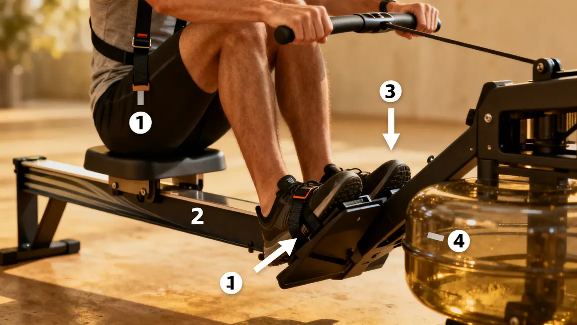 réglages rameur, position pieds siege, technique optimisée