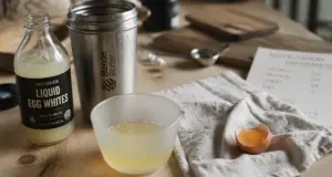 Blanc d oeuf proteine en bol et shaker, table bois