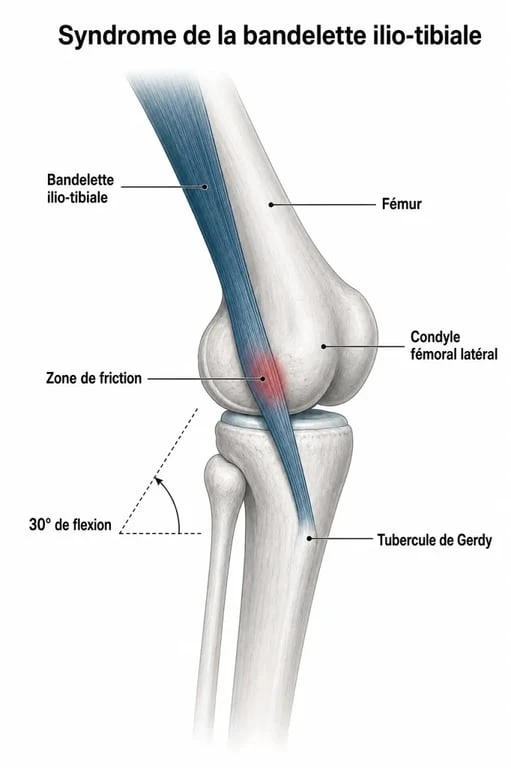 Schéma anatomique du syndrome de l'essuie-glace montrant la bandelette ilio-tibiale et le genou