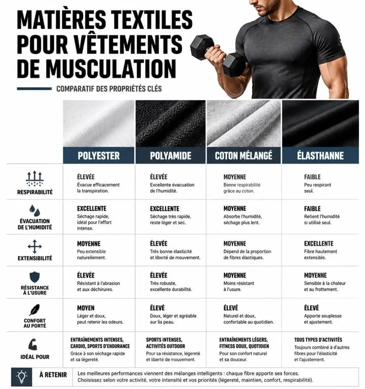Infographie comparative des matières pour vêtements de musculation : polyester, polyamide, coton et élasthanne.