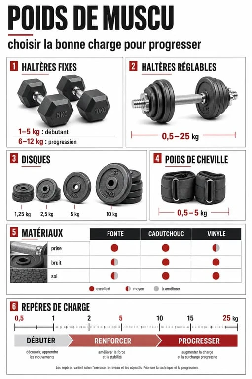 Infographie sur le poid de muscu : types d’haltères, disques et matériaux pour choisir la bonne charge