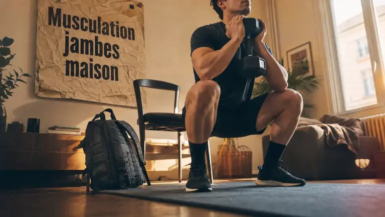 Musculation jambes maison : squat gobelet au salon