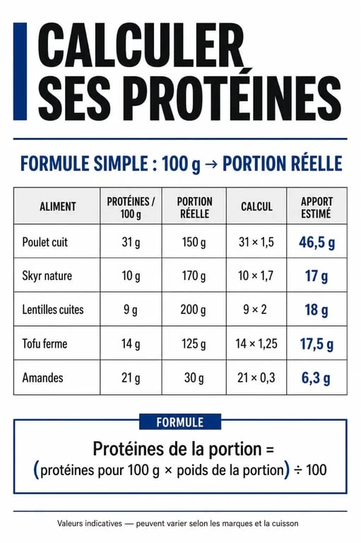 Calcul proteine par aliment : tableau visuel des portions et apports en protéines