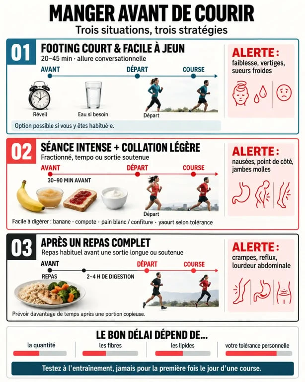 Courir avant ou après manger : infographie des délais, collations et précautions