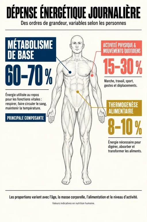 Infographie pour calculer la dépense énergétique et comprendre ses principales composantes