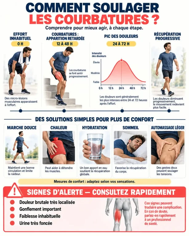 Infographie expliquant comment soulager les courbatures et leur évolution après un effort