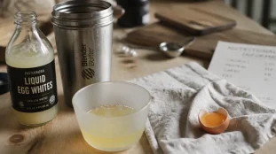 Blanc d oeuf proteine en bol et shaker, table bois