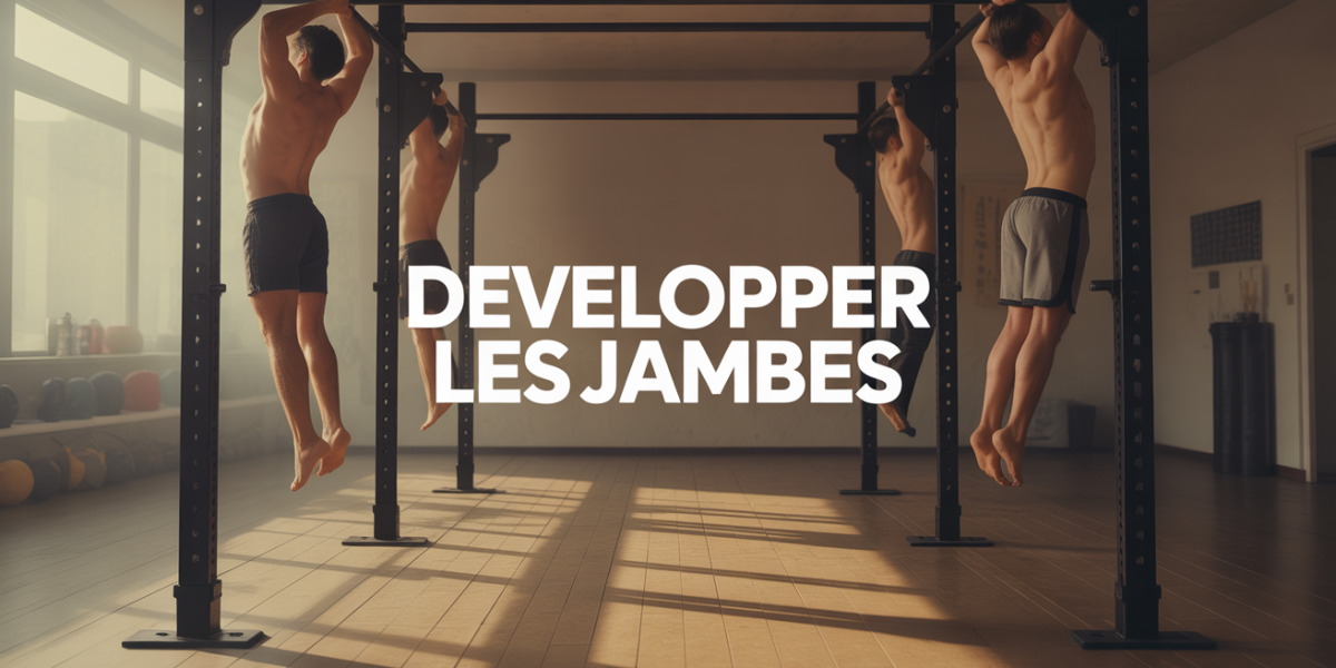 Salle d'entraînement stylisée avec haltères et jambes musclées
