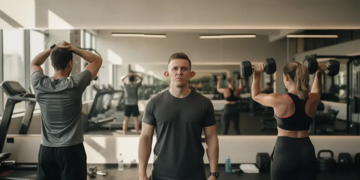 Exercice musculaire mâchoire devant miroir salle de sport