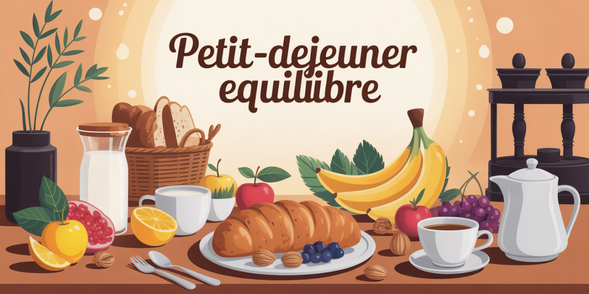 Table petit-dejeuner equilibre avec pain complet, fruits, yaourt, noix, the
