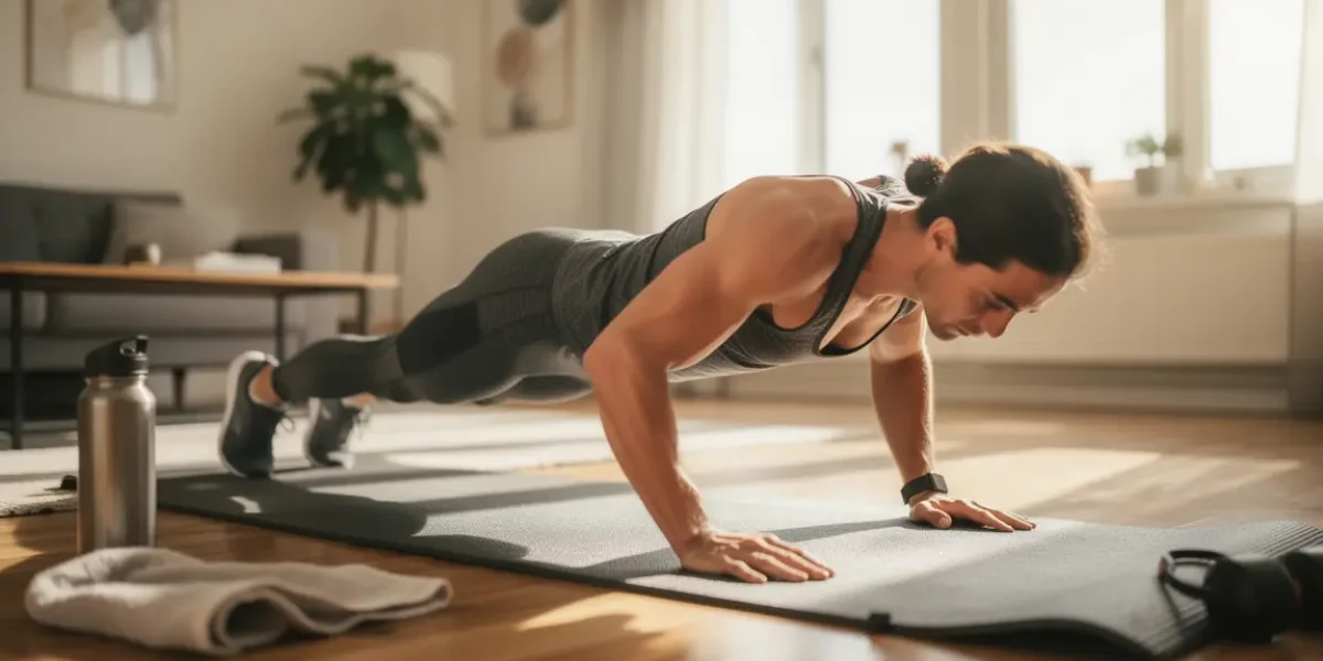 Pompes silhouette athlétique sur tapis dans salon