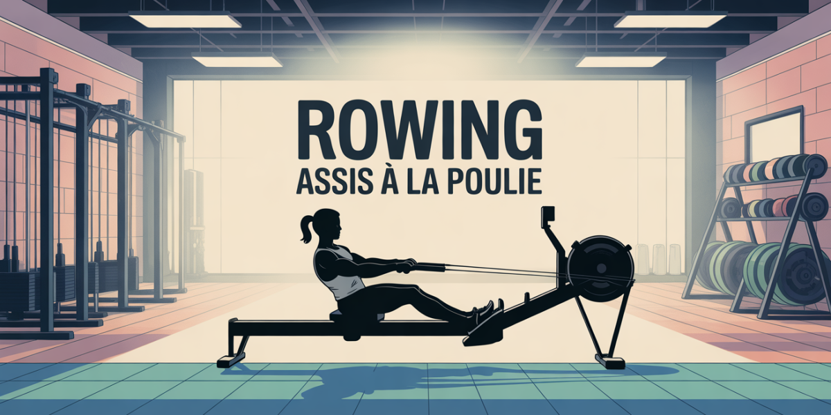 Illustration d’une silhouette réalisant le rowing assis à la poulie en salle de musculation