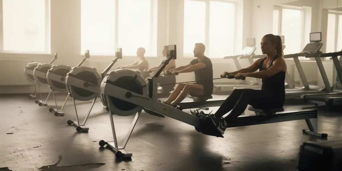 salle lumineuse avec rameurs alignés, technique rameur