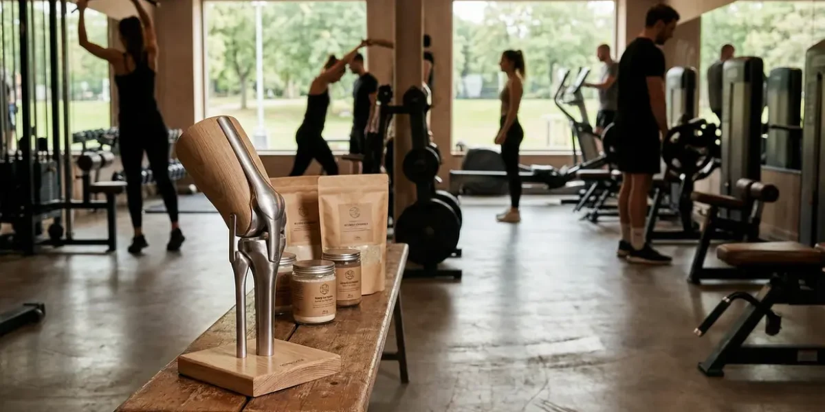 Salle de musculation moderne, articulation visible, compléments articulations